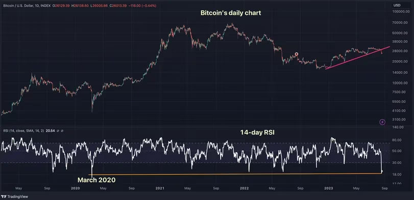 The 14-day Relative Strength Index (RSI) has fallen to its lowest level since March 2020, according to data from TradingView.