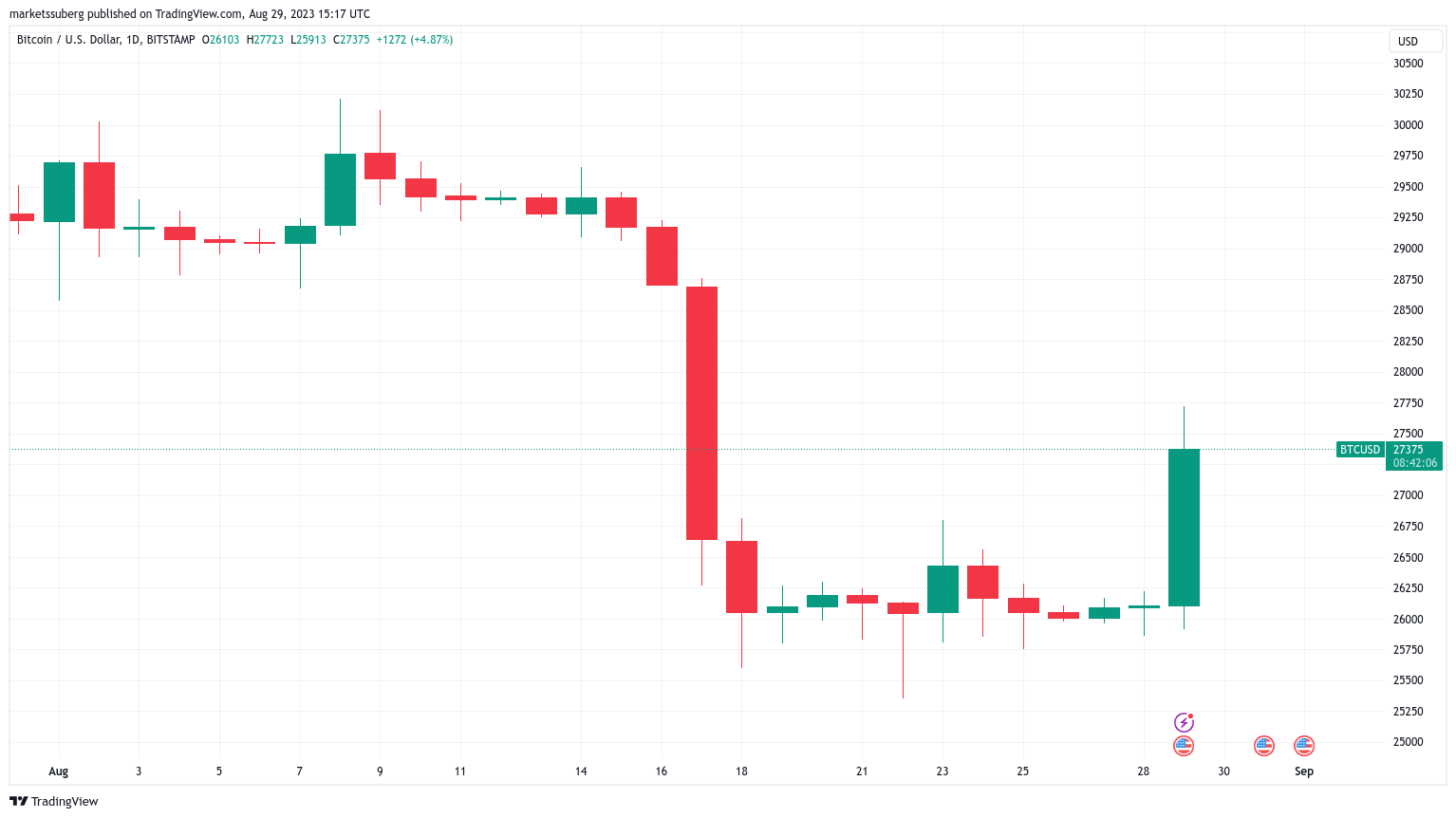 Bitcoin to US Dollar (BTC/USD) 24-hour chart data sourced from TradingView.