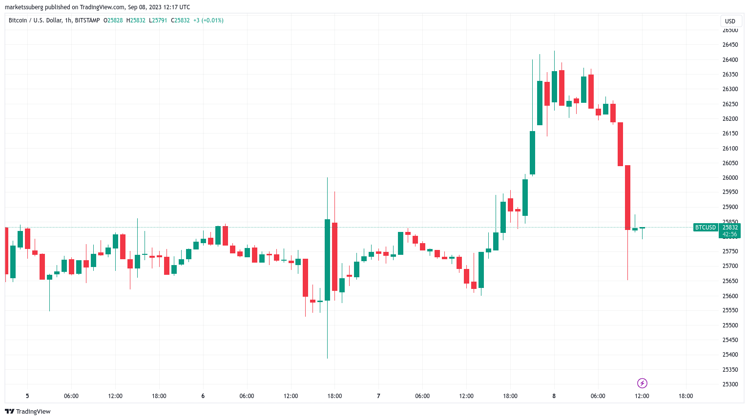 BTC/USD 1-hour chart as provided by TradingView