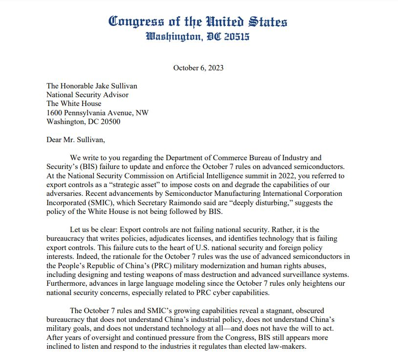 Screenshot of the letter urging tighter control of advanced semiconductors. Source: foreignaffairs.house.gov