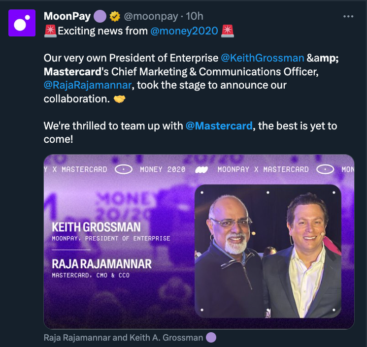 MoonPay’s partnership announcement with Mastercard. Source: X (formerly Twitter)