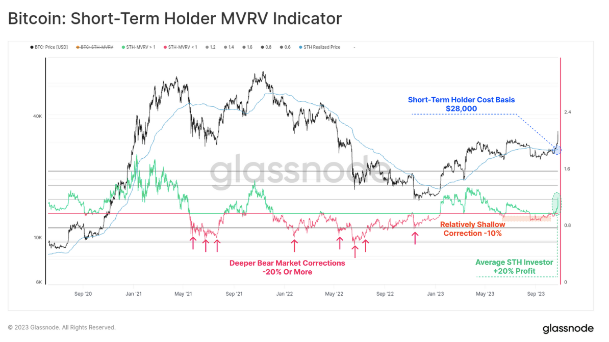 Bitcoin STH-MVRV annotated chart (screenshot). Source: Glassnode