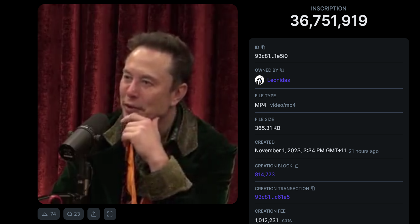 Video of Elon Musk inscribed on Bitcoin’s blockchain via the Ordinals protocol. Source: Ord.io